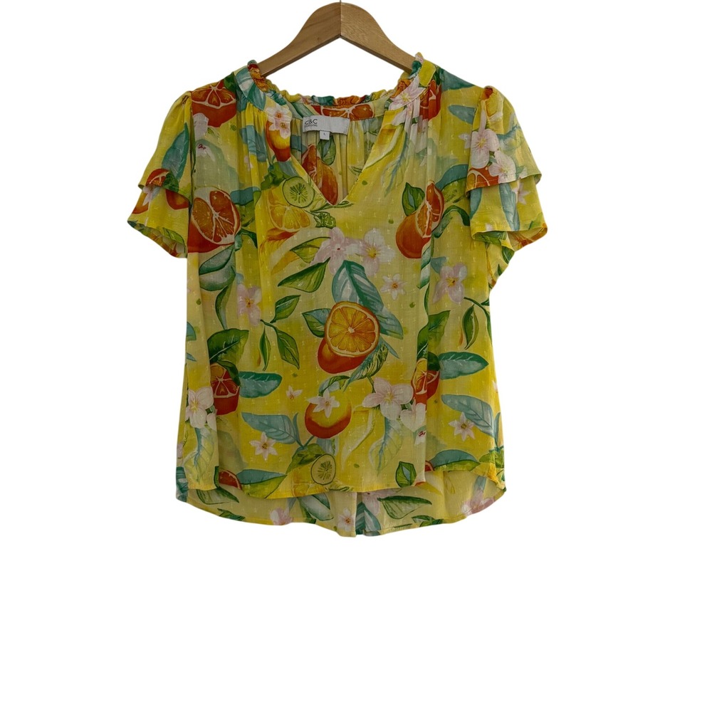 C&C California Women Tropical Citrus Floral Flutter Sleeve Resortwear Blouse L